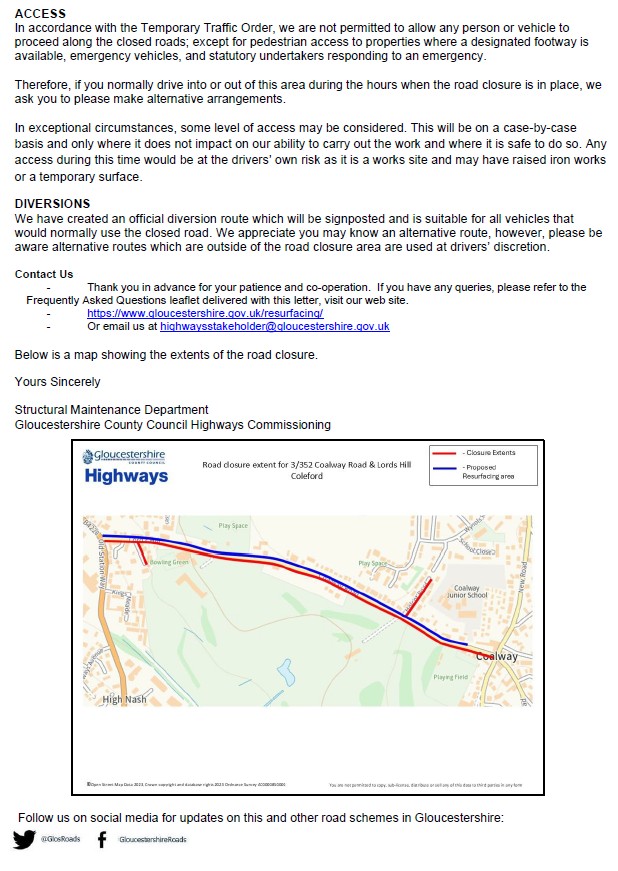 Coalway Road & Lords Hill road closure - Thursday 5th February to 16th February 2026. Contact Highways for more information 08000 514514 or email highwaysstakeholder@gloucestershire.gov.uk